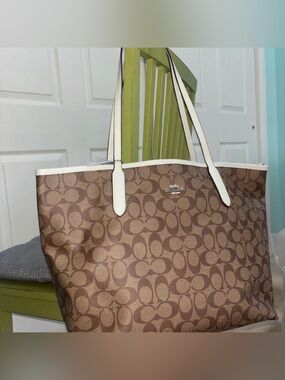 Coach Brown Signature Canvas Tote with Cream Trim